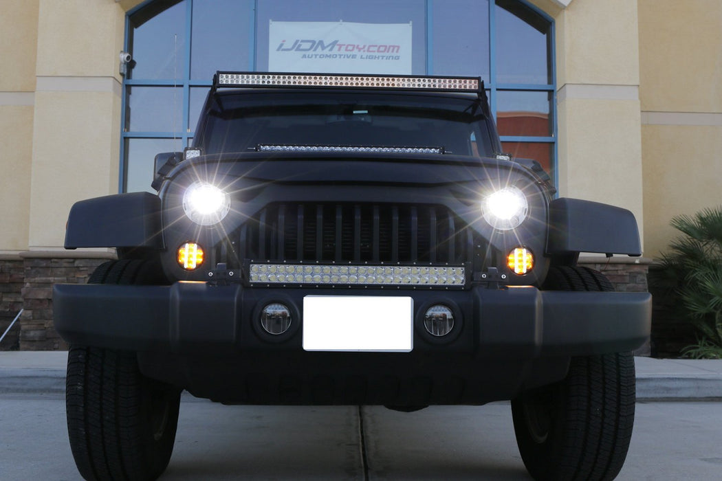 Smoked Lens White Light Bar, Amber LED Turn Signal Lamps For 07-17 Jeep Wrangler