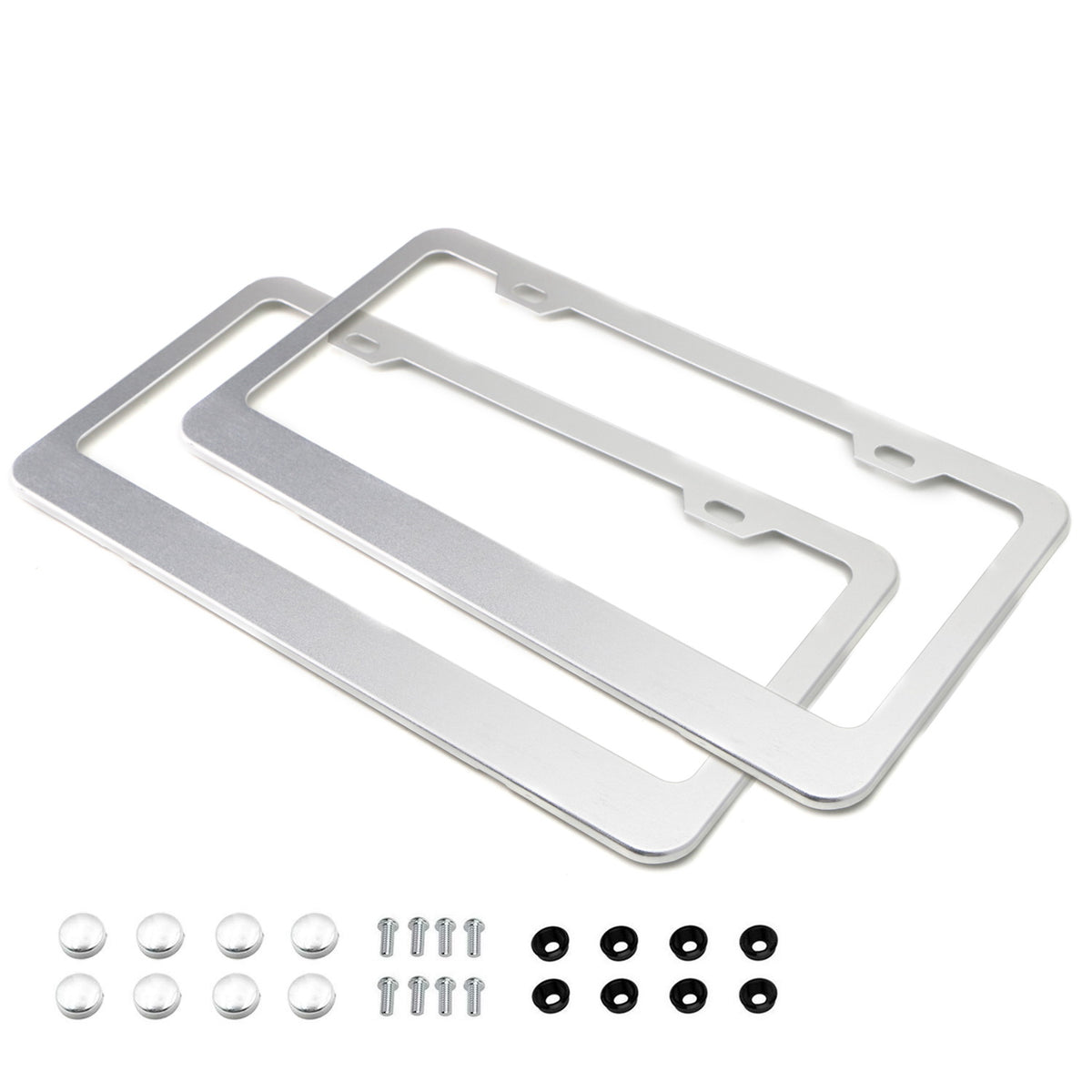 2pc Premium Silver Slim 2-Hole License Plate Frame with Screws/Fasteners   Caps —