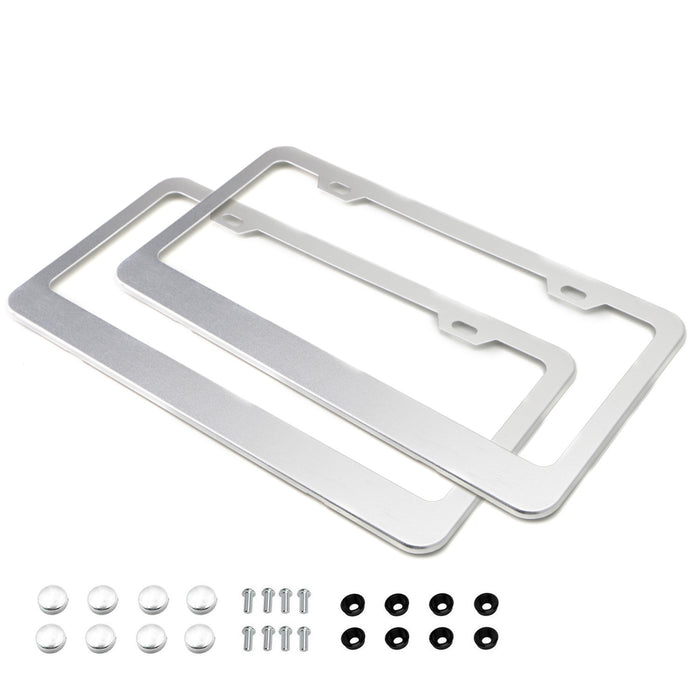 2pc Premium Silver Slim 2-Hole License Plate Frame with Screws/Fasteners & Caps