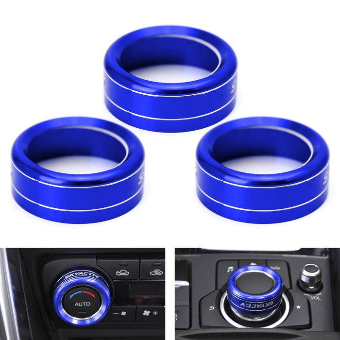 Blue Aluminum AC Climate Control Knob Ring Covers For 14-18 Mazda 3 & 16-19 CX-5