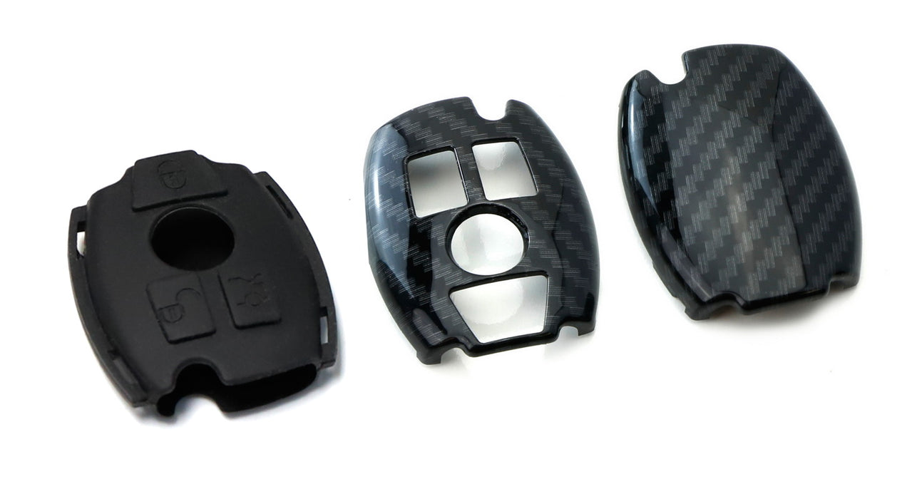Black Carbon Fiber Pattern Smart Key Fob Shell + Silicone Pad For Mercedes C E S