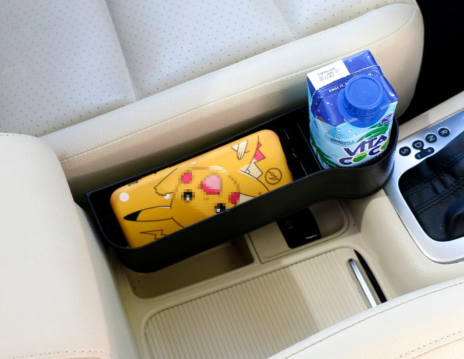 (1) Black PVC Console Side Pocket Organizer, Car Seat Catcher w/ Cup Holder