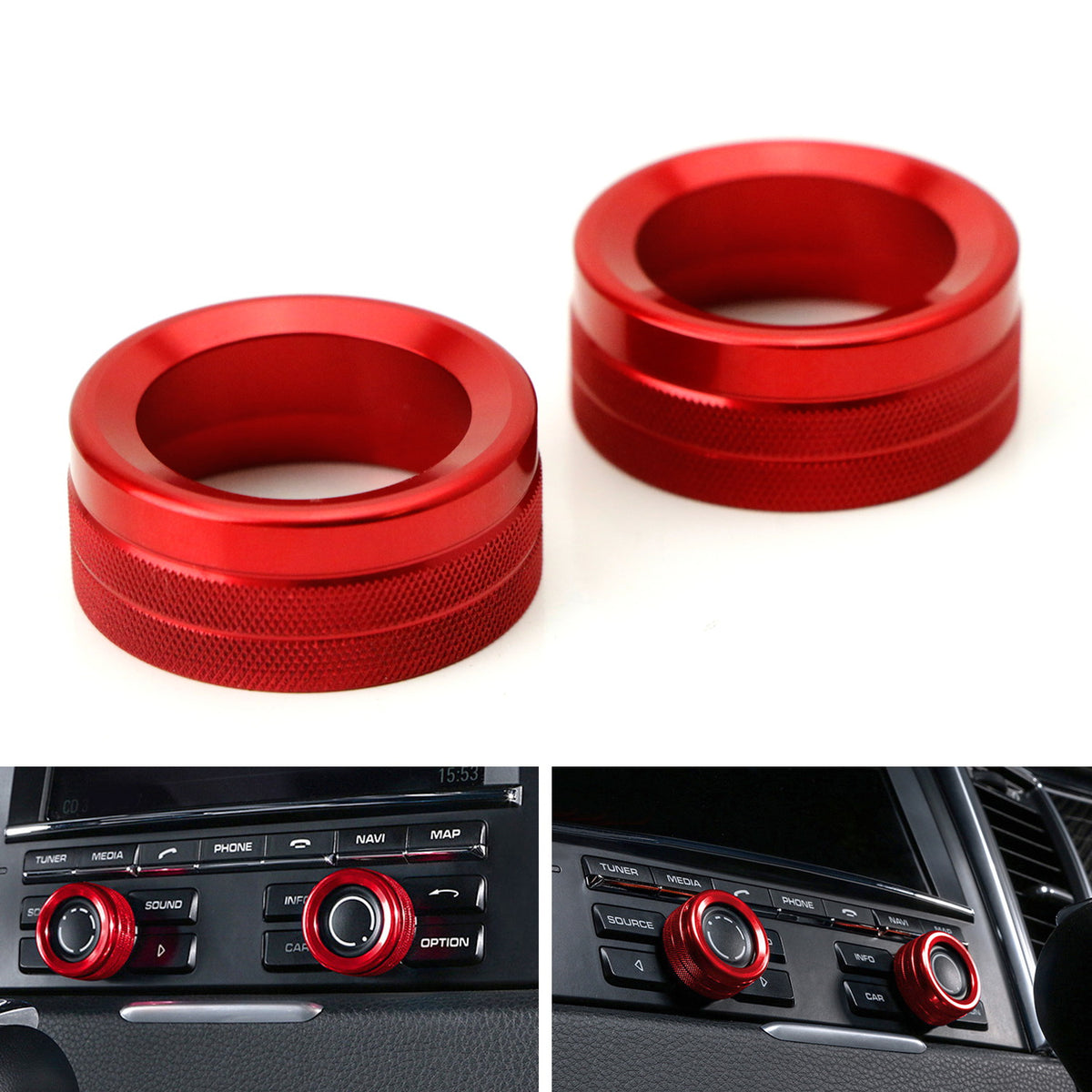 IJDMTOY Red Aluminum AC/Radio Knob Ring Covers For Porsche - 3-Piece Set