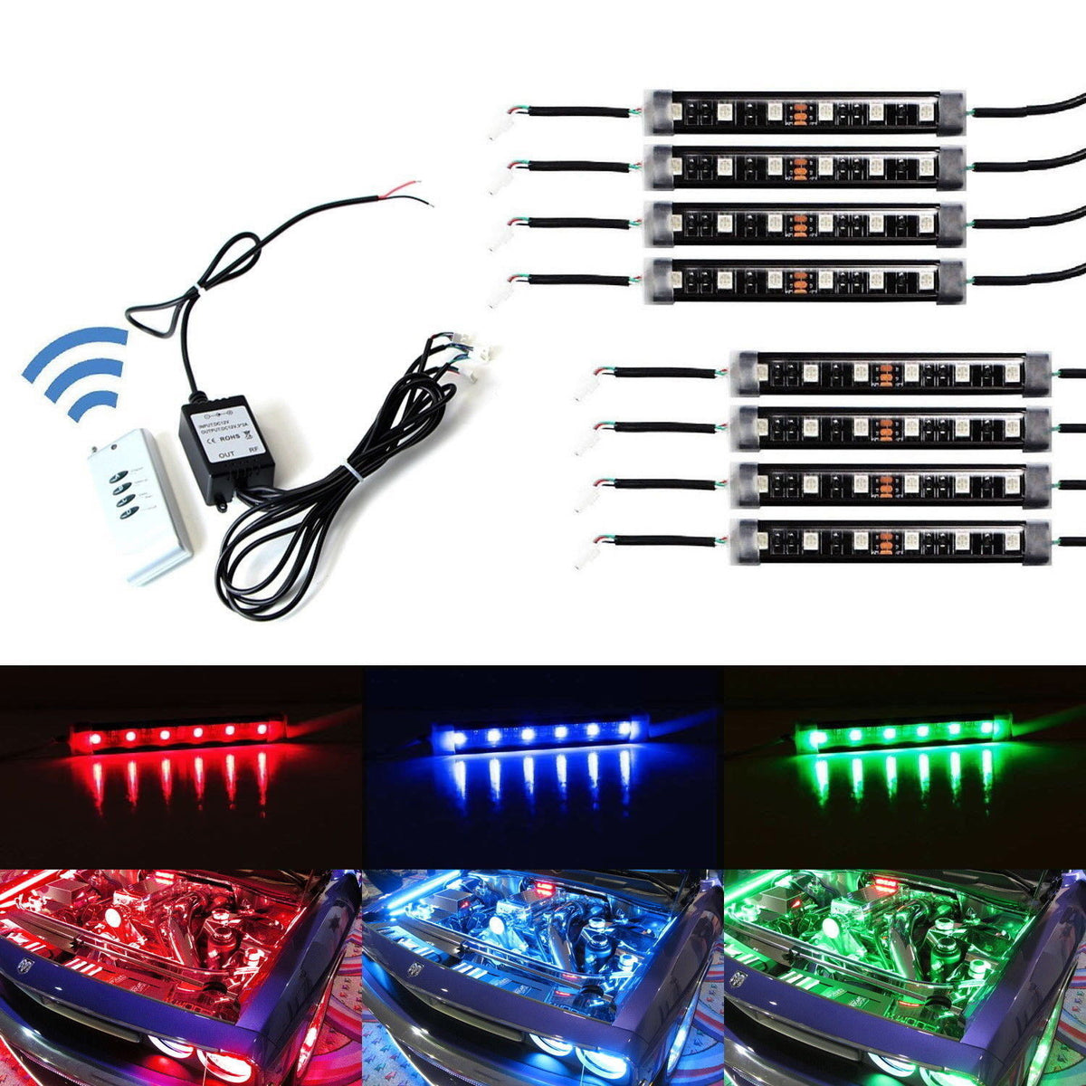8pcs RGB MultiColor LED Engine Bay or Under Car Lighting Kit w/ Wirel