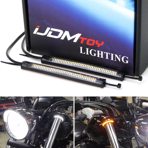 Motorcycle Bike Fork Mount White/Amber LED Driving/Sequential Signal Light Strip