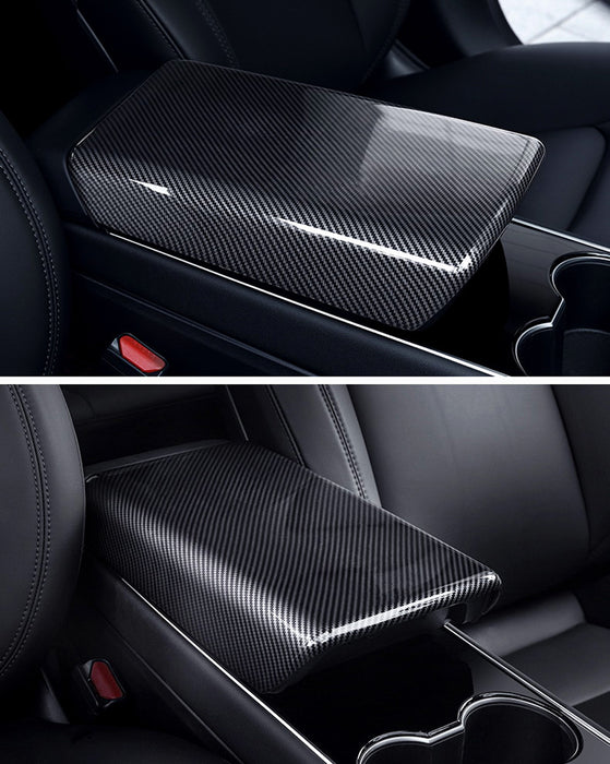 Piano Black Gloss Finish Carbon Fiber Pattern Armrest Hard Cover For Tesla 3 Y