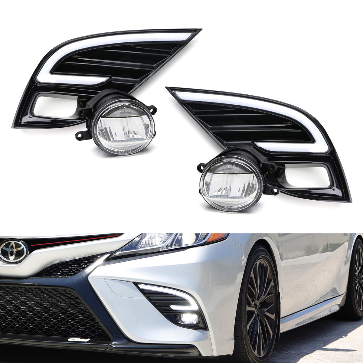 Amopacorp Pair Tri-Colors Driving Fog Light Front Bumper Sequential LED Daytime Running Light With Turn Signal For 2025 Toyota Camry SE XSE Amber/White Switchback (Not For LE XLE