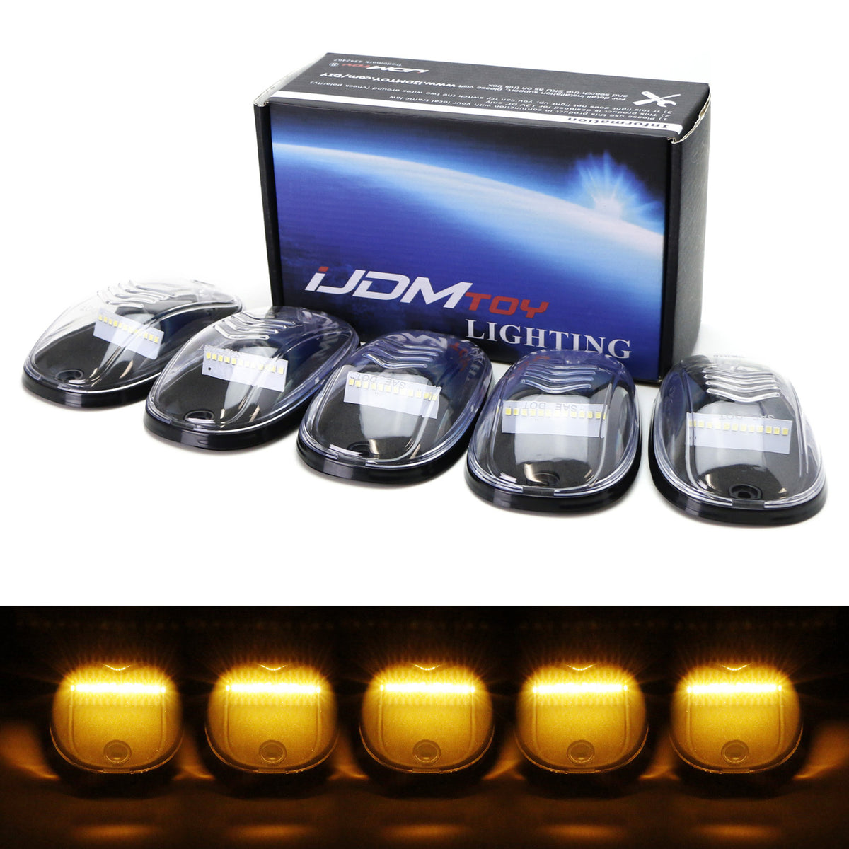 HDC Autosports 5pc Roof Top Cab Marker LED Strobe Lights – Amber Lens, White LED – Universal Fit Ford Dodge Chevy GMC Jeep